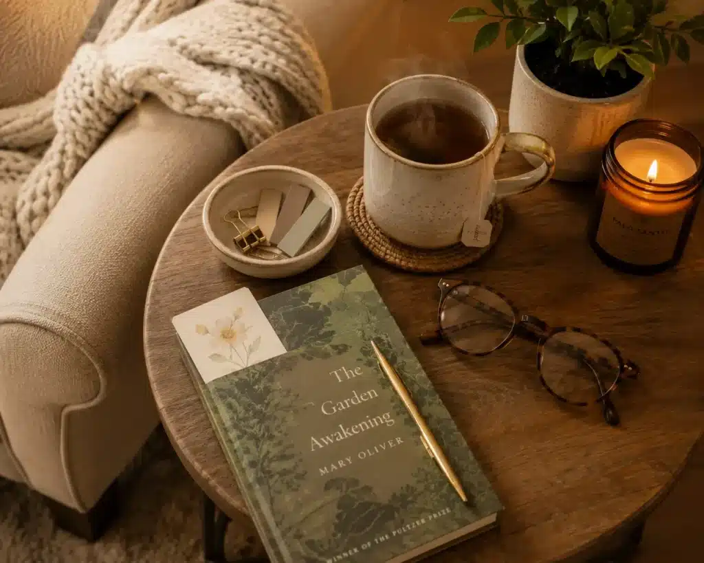 cozy reading nook soft lighting blanket