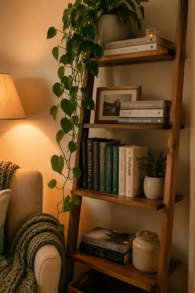reading corner bookshelf styled cozy home