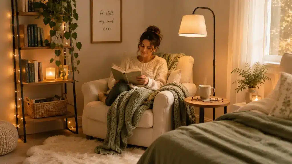 Cozy reading corner with armchair and warm lighting
